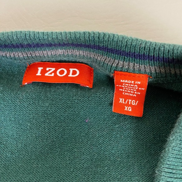 IZOD Sweater Men's Size XL Solid Green Teal V-Neck Long Sleeve 100% Cotton - Picture 4 of 9